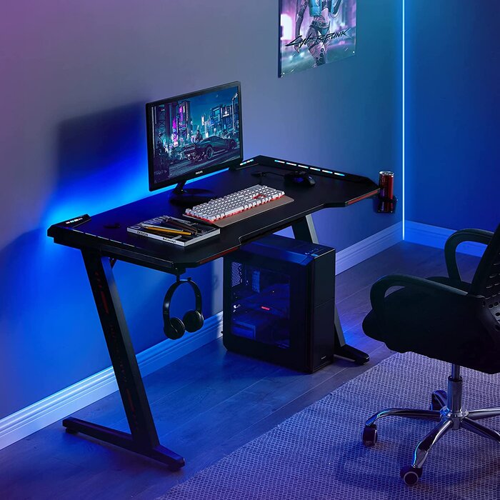 Inbox Zero Gaming Desk, Z Shaped Ergonomic PC Gaming Table With LED
